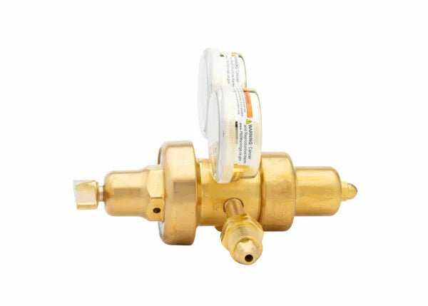 Harris 9200-50-590 Two Stage Air Regulator for welding, dual gauges, multiple ports, pro welding tool on white background.