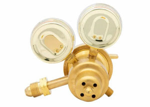 Harris 9200-50-590 Two Stage Brass Air Regulator for welding, dual gauges, threaded connector, top view on white background.