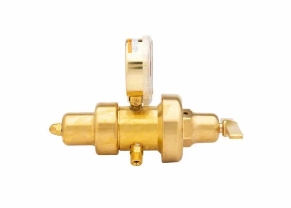 A brass acetylene regulator with a round pressure gauge on top and a lever on one end, ideal for welding applications, isolated on a white background.