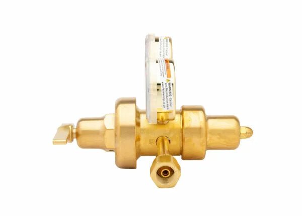 A brass two stage regulator valve with a white label, featuring multiple threaded connectors and adjustment knobs, suitable for welding applications, set against a white background.