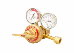 A Harris acetylene regulator with two pressure gauges and a control knob, designed for welding applications, is shown on a white background.