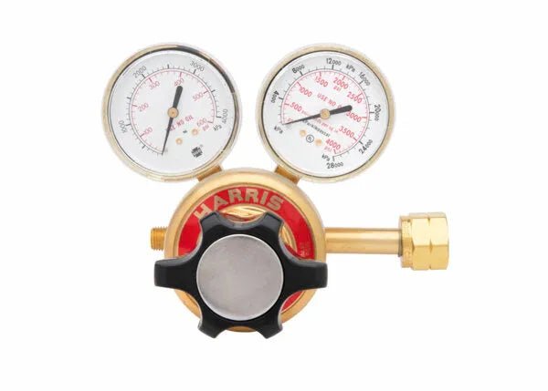 Harris 9235-350-350 dual gauge two-stage hydrogen/methane welding regulator with large knob & brass connector for precise control.