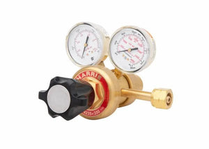 Harris 9235-350-350 two stage hydrogen/methane regulator with dual gauges, knob, and fitting for welding gas control.