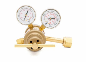 A brass carbon dioxide regulator with two pressure gauges and adjustment knobs, designed for controlling gas flow in laboratory applications, isolated on a white background.