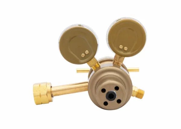 A laboratory gas regulator with two round pressure gauges and multiple nozzles, this two stage regulator is photographed on a white background.
