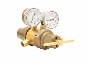 A general purpose two stage regulator for argon, helium, or nitrogen, featuring a brass body with two round pressure gauges and a horizontal adjustment handle, shown on a white background.