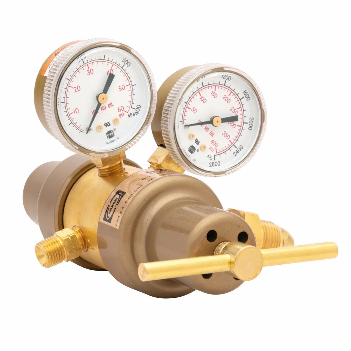 A Harris Model 9296 industrial pressure regulator with two pressure gauges, each displaying measurements in psi and kPa, and an adjustment handle in the foreground.