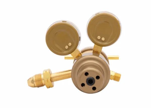 A Harris Model 9296 two stage pressure regulator with dual pressure gauges and multiple connection ports, isolated on a white background.