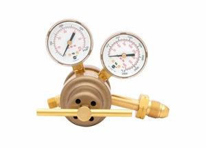 A Harris Model 9296 industrial pressure regulator with two circular pressure gauges, a control valve, and threaded connectors, isolated on a white background. This two stage pressure regulator ensures precise gas control for demanding applications.