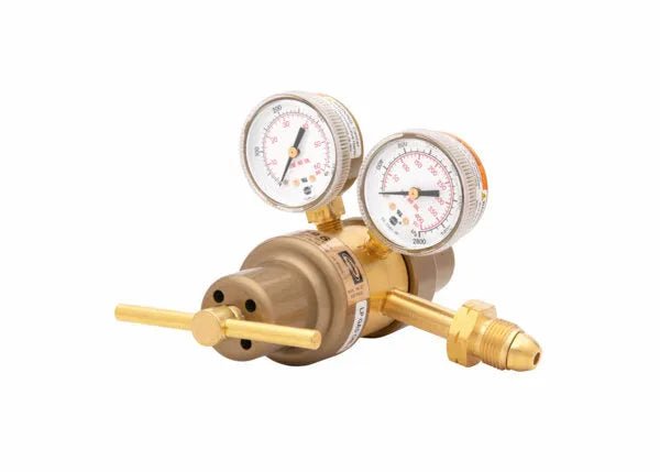 A Harris Model 9296 industrial pressure regulator with two pressure gauges, a T-shaped adjustment handle, and a threaded connector, isolated on a white background.