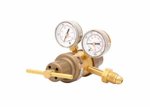 A Harris Model 9296 industrial pressure regulator with two pressure gauges, a T-shaped adjustment handle, and a threaded connector, isolated on a white background.