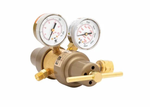 A brass Laboratory Gas Regulator with two round pressure gauges, adjustment knob, and various inlet and outlet fittings is used for controlling gas flow in industrial or laboratory settings. The background is white.