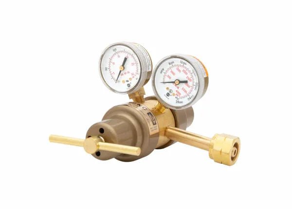 A brass laboratory gas regulator with two pressure gauges, measurement dials, and a T-shaped adjustment handle, ideal as a hydrogen/methane two stage regulator. Isolated on a white background.