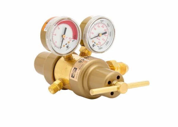 A Harris 9296 two stage regulator for acetylene, featuring two round pressure gauges and adjustment knobs, is shown on a white background—ideal for precise gas flow control in industrial applications.