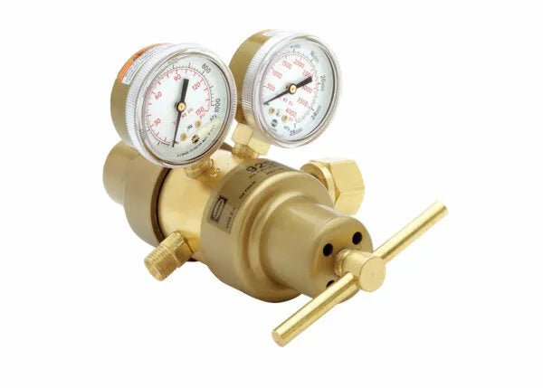 Harris 9296SS-15-300 Two Stage Acetylene Regulator for welding with dual gauges, T-handle, stainless diaphragm, precise control.