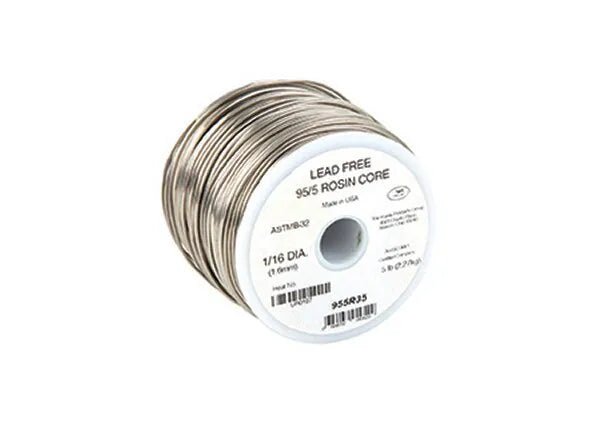 A tightly wound spool of Harris 955A318SP 95/5 Lead-Free Acid Core Solder, 0.062 in (1.6 mm), 18 lb, rests on a white background—ideal for copper, brass, and steel applications.