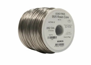 The Harris 955R35 95/5 Lead-Free Rosin Core Solder features a 1/16 in (1.6 mm) diameter and comes in a 25 lb box, ideal for electrical components. Manufacturer details and certifications are on the end label.
