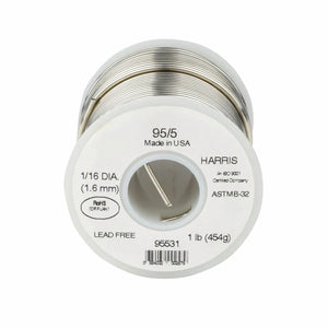 The Harris 95531 95/5 Lead-Free Solid Wire Solder comes in a 1/16 in (1.6 mm) diameter, is ideal for copper plumbing, and is available in a 4 lb box. It is labeled Made in USA and features various certification markings.