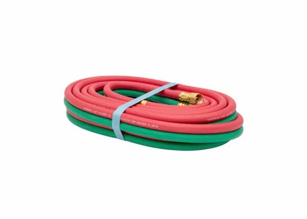 Harris All Fuel Gas Twin Welding Hose 1/4" x 20' with brass fittings, red/green coiled, for welding tools, on white background.