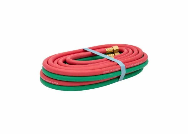 Harris T-Grade 1/4" x 20' Twin Welding Hose, all fuel gas compatible, red & green lines, brass ends—WeldingMart tool.