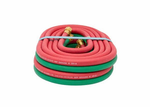 Harris T-Grade 1/4" x 20' twin welding hose, red and green, brass fittings, for all fuel gases, WeldingMart tool accessory.