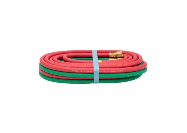 Harris All Fuel Gas Twin Welding Hose T-Grade 1/4"x20', B&B 4300533, red/green coiled hoses with brass fittings for welders.