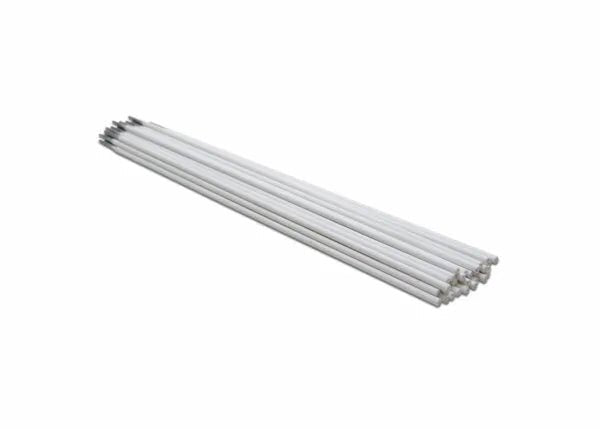 A neat stack of Harris Alloy 26 Aluminum Sticks SMAW Welding Rods (1/8in, 5lb package, 0002660) with metallic, reflective tips is displayed on a white background.