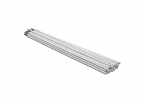 A neat stack of Harris Alloy 26 Aluminum Sticks SMAW Welding Rods (1/8in, 5lb package, 0002660) with metallic, reflective tips is displayed on a white background.