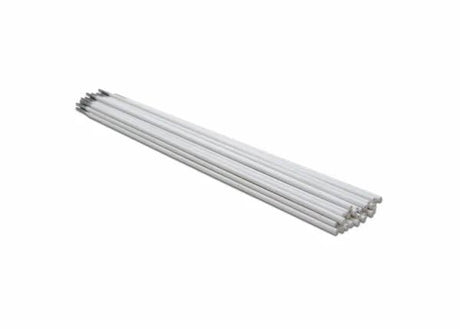 A neat stack of Harris Alloy 26 Aluminum Sticks SMAW Welding Rods (1/8in, 5lb package, 0002660) with metallic, reflective tips is displayed on a white background.