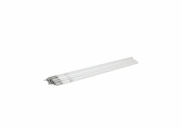 A bundle of Harris Alloy 26 Aluminum Sticks SMAW Welding Rods (1/8, 5lb package, 0002660) is neatly arranged in parallel on a white background, each rod uniform in size with slightly pointed ends for welding applications.