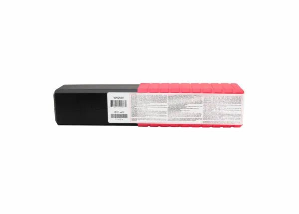 A rectangular black and pink toner cartridge is shown on a white background, echoing the sleek design of the Harris Alloy 26 Aluminum Sticks SMAW Welding Rod 1/8In 5lb Package 0002660. The cartridge has a black body, pink end, and labeled with text and barcodes.