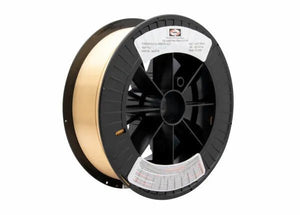 A large black plastic spool with flared sides holds neatly wound beige Harris Aluminum Bronze A1 GMAW MIG Welding Wire 1/16, 30lbs. (0ALB138). Two white and red labels are on the rim; spool shown against a white background.