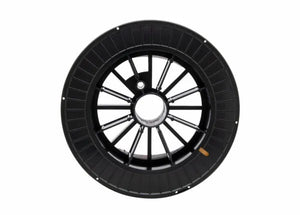 A top view of a circular black plastic filament spool with wide outer rim, inner spokes, and a brown label; often used to hold the Harris Aluminum Bronze A1 GMAW MIG Welding Wire 1/16 30lbs. Spool - 0ALB138.