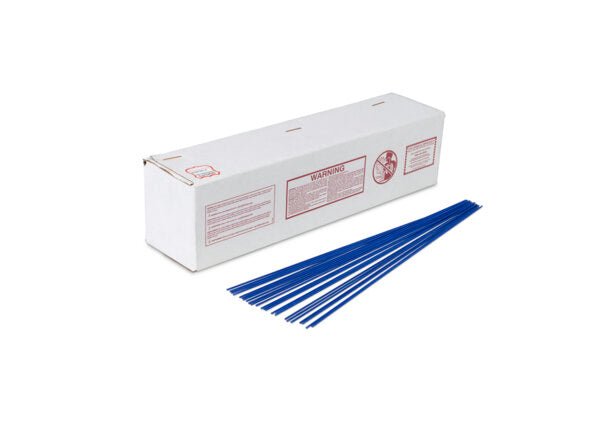 Harris BKFC2500R Phos-Copper Brazing Alloy 25 lb box with blue flux-coated welding rods on white, WeldingMart equipment.