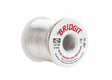A spool of Harris BRGT61 Bridgit Lead-Free Solid Wire Solder, 0.118 in (3.0 mm), features white labels with "BRIDGIT," product details, and certification marks. This solid wire solder comes in a 25 lb box and is ideal for plumbing applications.