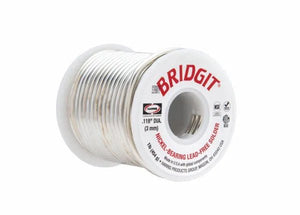 A spool of Harris BRGT61 Bridgit Lead-Free Solid Wire Solder, 0.118 in (3.0 mm), features white labels with "BRIDGIT," product details, and certification marks. This solid wire solder comes in a 25 lb box and is ideal for plumbing applications.