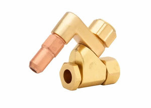 A brass and copper angled refrigeration valve with threaded connectors, designed for controlling fluid flow in refrigeration or HVAC systems, compatible with propane/natural gas setups, isolated on a white background.
