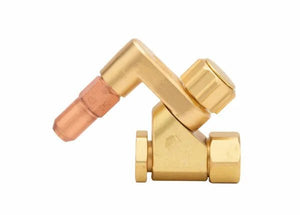 A brass and copper refrigeration access valve with an angled design, hexagonal fittings, and a capped service port—similar to components used in machine cutting torches for propane/natural gas—set against a plain white background.