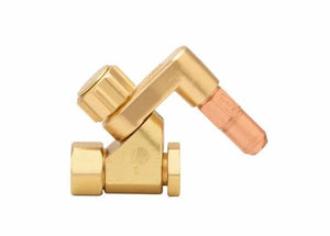 A brass refrigerant access valve with a copper fitting, shown on a white background. The valve has an angled design with hexagonal ends, similar to those found on machine cutting torches used for propane/natural gas applications.