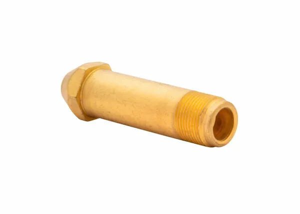Harris CGA 300 Regulator Inlet Stem 60186-9000693 brass welding tool with hex nipple and threaded end on white background.