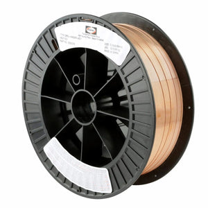 The Harris Deoxidized Copper GMAW MIG Welding Wire .45 30LB Spool (00D0CH8) is wound on a black plastic reel with multiple technical labels, shown upright from side and angled views—perfect for MIG welding copper.