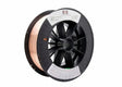 A large black plastic spool labeled with white and red stickers holds a tightly wound coil of Harris Deoxidized Copper MIG Welding Wire .035 x 30# (00D0CF8), ideal for copper-to-steel welding, on a plain white background.