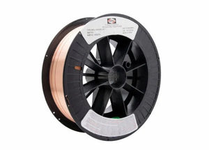 A large black plastic spool labeled with white and red stickers holds a tightly wound coil of Harris Deoxidized Copper MIG Welding Wire .035 x 30# (00D0CF8), ideal for copper-to-steel welding, on a plain white background.