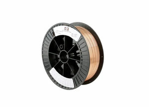 A black plastic spool labeled “Harris Deoxidized Copper MIG Welding Wire .035 X 30# SPOOL - 00D0CF8” holds tightly wound, shiny copper-colored wire. The spool is set against a plain white background.