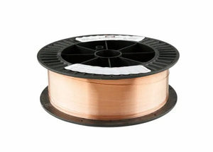 A large spool of Harris Deoxidized Copper MIG Welding Wire .035 x 30# (00D0CF8) with a wide black plastic hub and flanges. The shiny wire is neatly wound, topped with a white label, all against a plain white background.