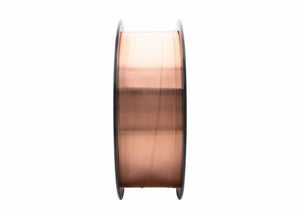 The Harris Deoxidized Copper MIG Welding Wire .035 X 30# Spool (00D0CF8) is shown upright on a dark gray plastic reel, its shiny wire neatly wound—ideal for ERCu welding, against a clean white background.