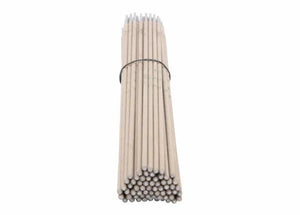 The Harris E6011 1/8 Welding Rod 10lb Box (60116010) contains uniformly sized, light brown rods with pointed white tips, bundled securely—ideal for deep penetrating welds and all-position welding.