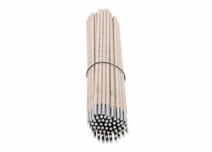 A bundle of Harris E6011 1/8 Welding Rods (10lb Box, 60116010) with silver tips is held by a black rubber band and arranged hexagonally against a white background, ideal for deep penetrating welds.