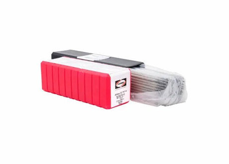 An open red and black rectangular plastic box displays Harris 7014 Stick SMAW Welding Rods (1/8 x 10, Box 70146010), partially wrapped in clear plastic. A white label with black and red text is on the front. The background is plain white.