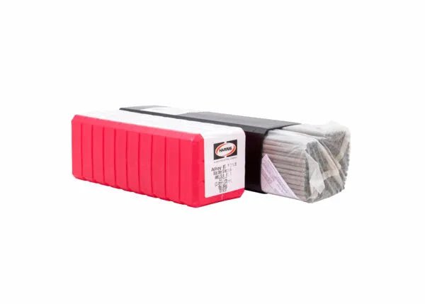 A red plastic container labeled Harris E7018 Stick SMAW Welding Rod 3/32 10 Box 70185010 holds gray low hydrogen welding rods, partially open to show neatly stacked electrodes wrapped in clear plastic against a white background.
